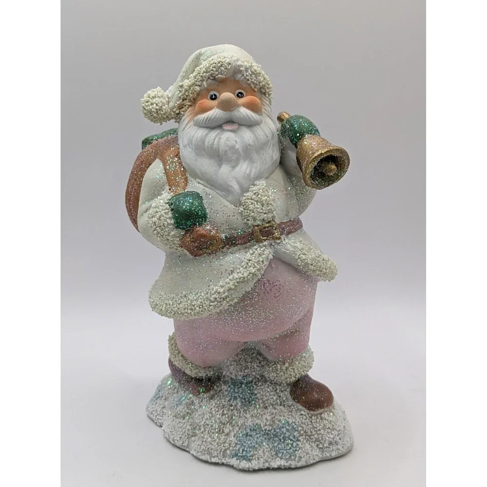 Santa‎ Claus Figurine Pastel Pink Pants White Coat Gold Bell Bag Presents 6.75